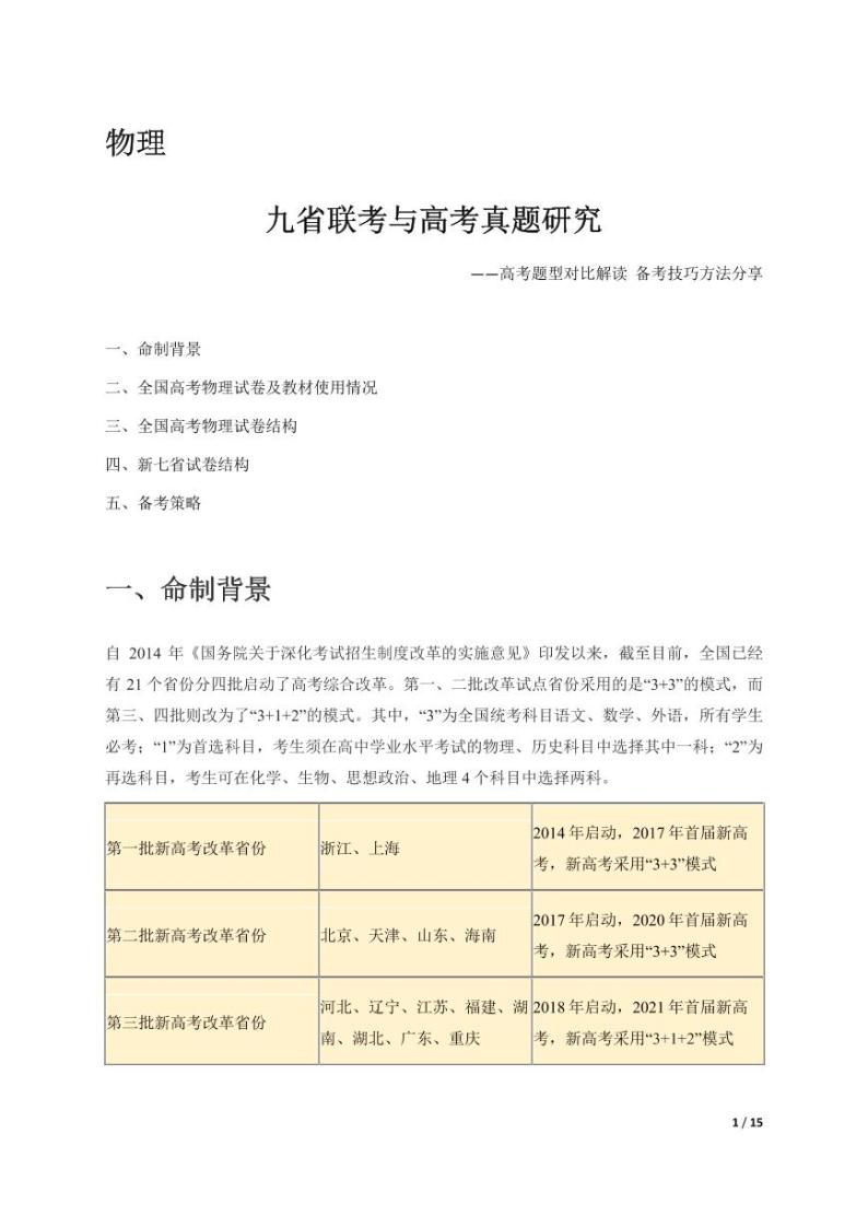 物理（高考题型对比解读  备考技巧方法分享）-【真题解密】九省联考与高考真题研究01