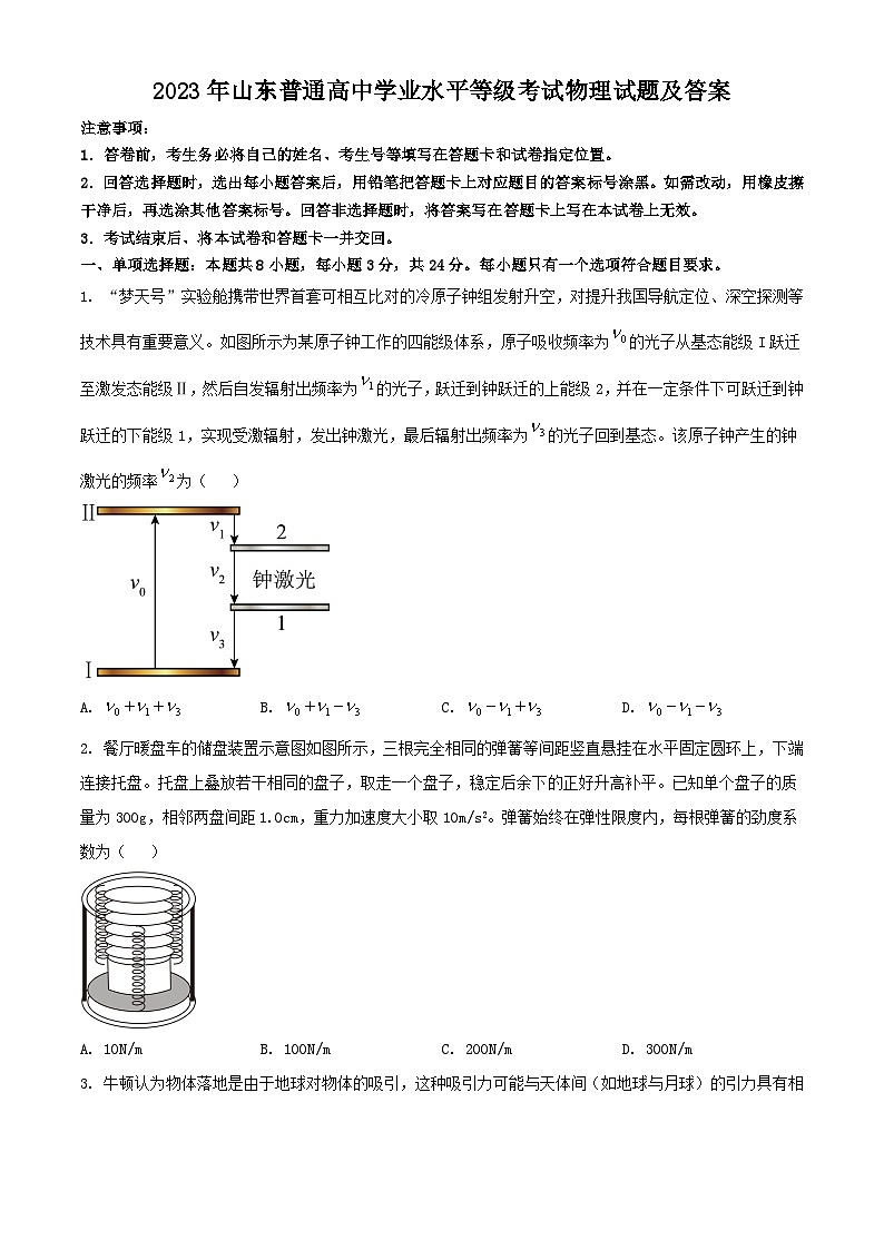 2023年山东省普通高中学业水平等级考试物理试题及答案01