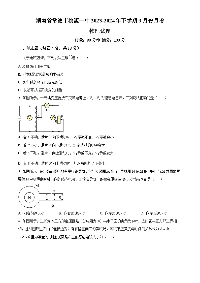 湖南省常德市桃源县第一中学2023-2024学年高二下学期3月月考物理试题（原卷版）第1页
