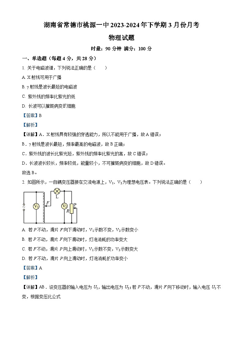 湖南省常德市桃源县第一中学2023-2024学年高二下学期3月月考物理试题（解析版）第1页