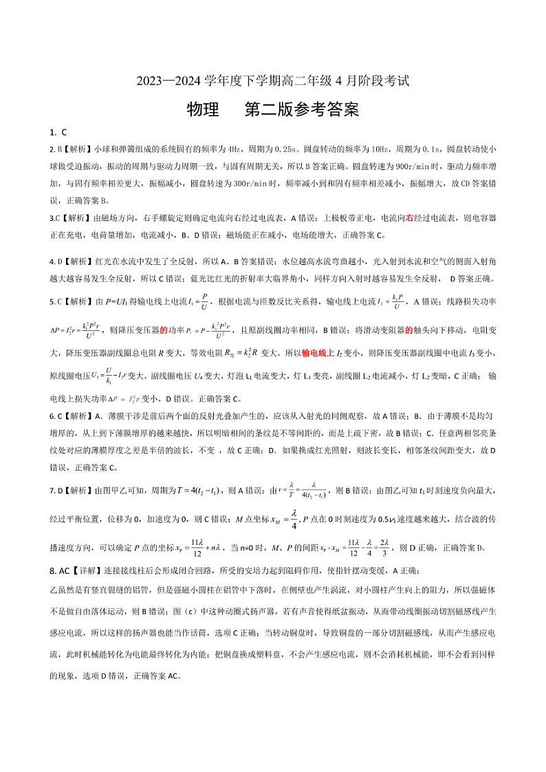辽宁省部分高中2024年高二4月月考物理参考答案第1页