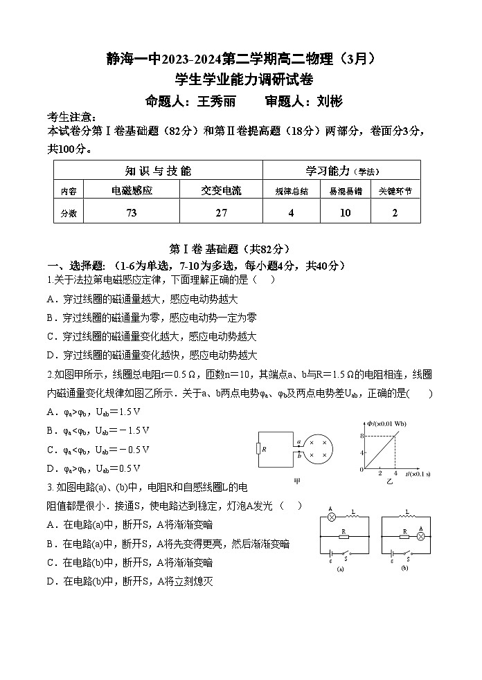 2024天津静海区一中高二下学期3月月考试题物理含答案（答案不全）01