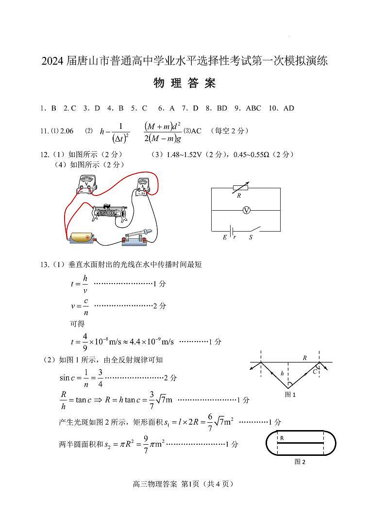 2024届河北省唐山市高三下学期3月一模物理试题及答案01
