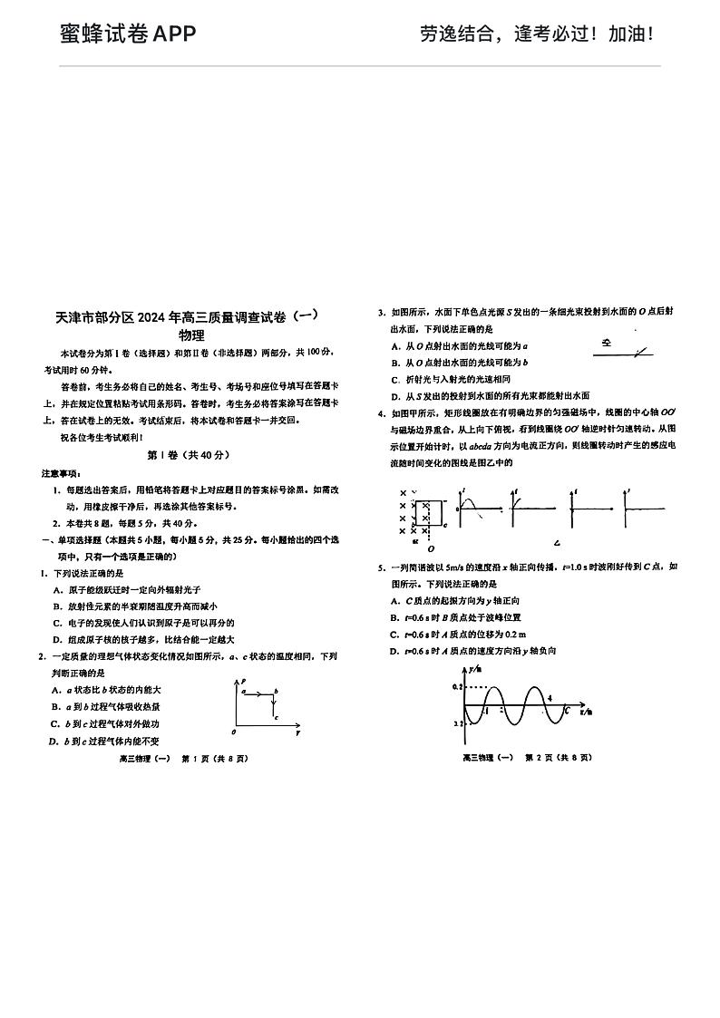 天津市部分区2023-2024学年高三下学期一模物理试题01