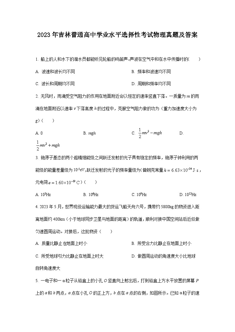 2023年吉林普通高中学业水平选择性考试物理真题及答案第1页