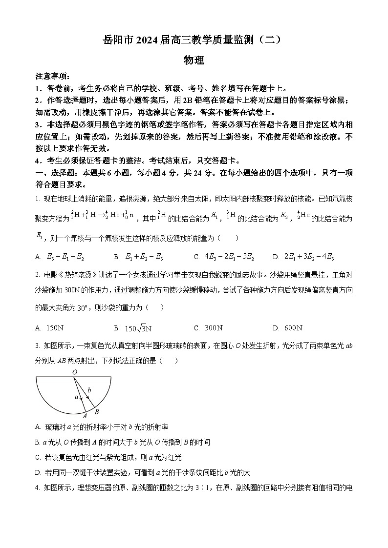 2024届湖南省岳阳市高三下学期教学质量监测（二模）物理试卷（原卷版+解析版）01