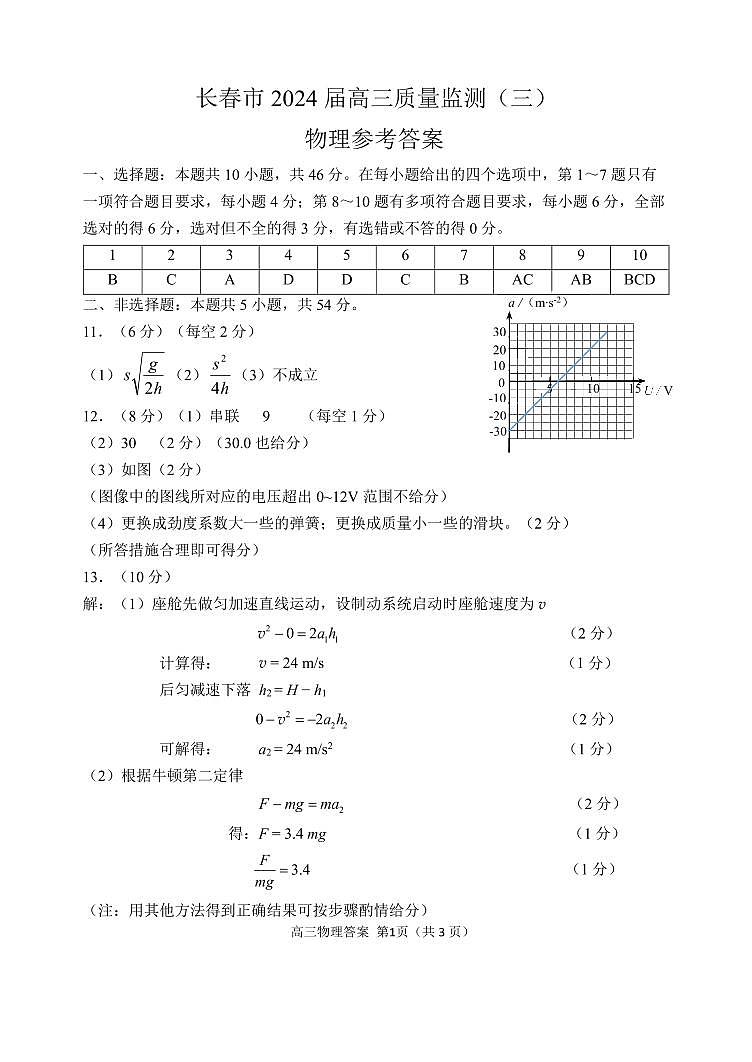 2024届吉林省长春市高三下学期第三次质量监测物理试卷01