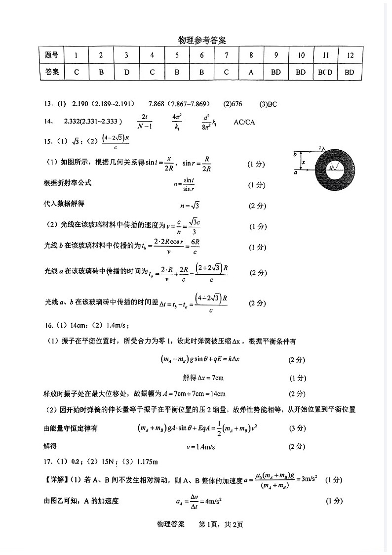 2023-2024学年第二学期晋城一中高二年级3月份月考物理试卷答案第1页