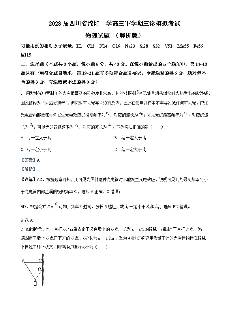 2023届四川省绵阳中学高三下学期三诊模拟考试物理试题 （解析版）01