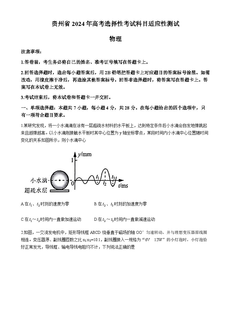 2024届贵州省高三下学期二模考试物理试题第1页