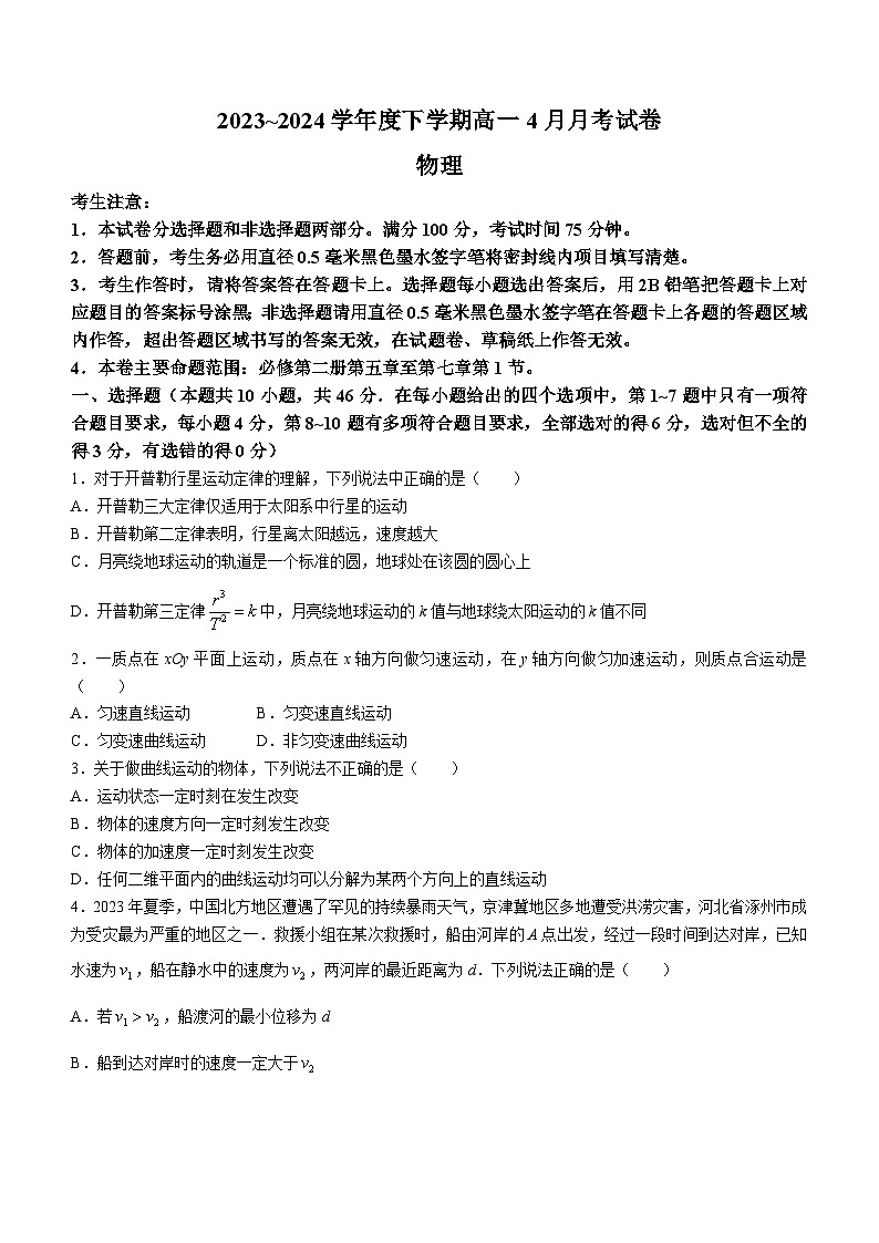 黑龙江省绥化市绥棱县第一中学2023-2024学年高一下学期4月月考物理试题(无答案)01