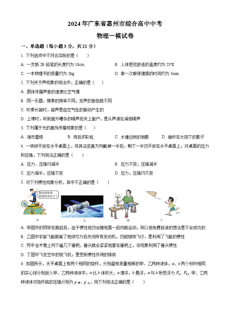 2024年广东省惠州市综合高中中考物理一模试卷（原卷版+解析版）01
