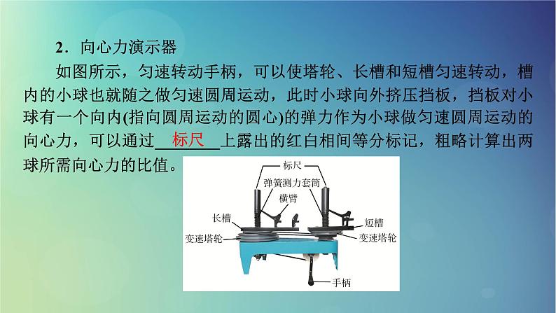 2025高考物理一轮总复习第4章抛体运动与圆周运动实验6探究向心力大小与半径角速度质量的关系课件05