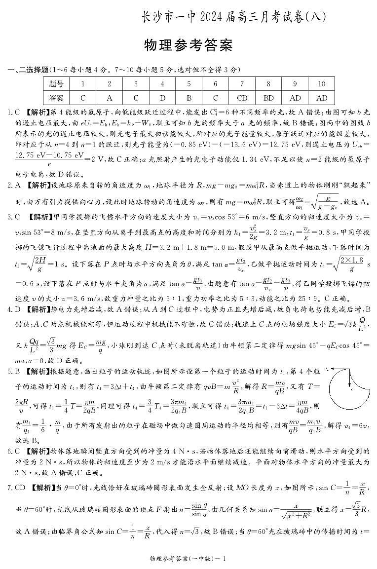 湖南省长沙市第一中学2023-2024学年高三下学期月考（八）物理试题（PDF版附答案）01