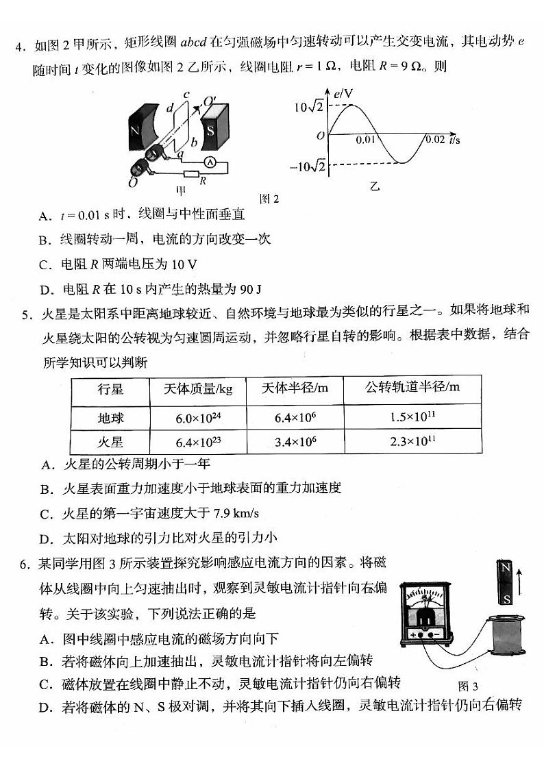 2024届北京市房山区高三下学期一模物理试卷02