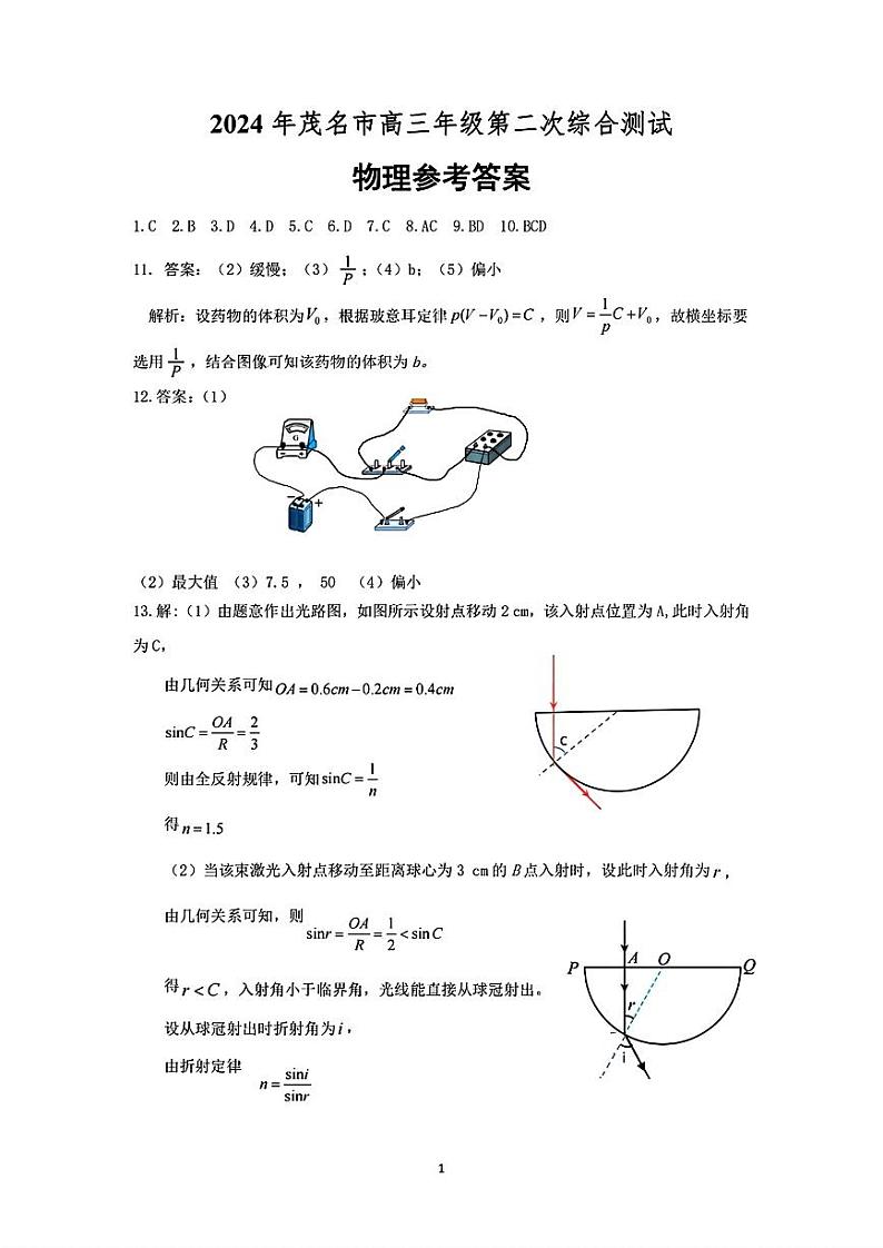 2024年茂名市高三年级第二次综合测试 物理答案第1页