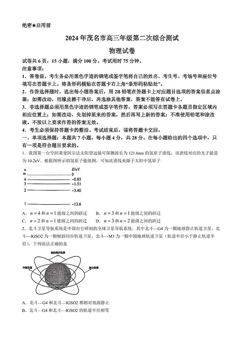 2024届广东省茂名市高三下学期二模考试物理试卷第1页