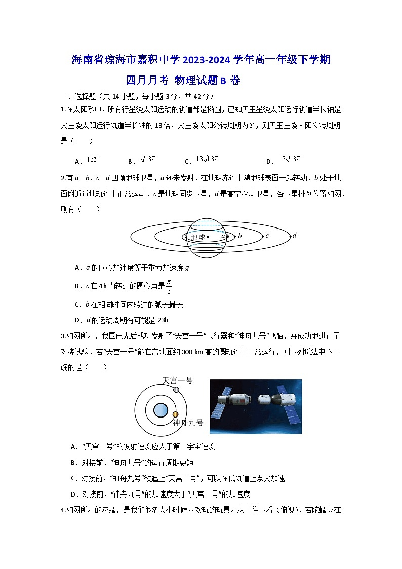 海南省琼海市嘉积中学2023-2024学年高一下学期4月月考物理试题+B卷第1页