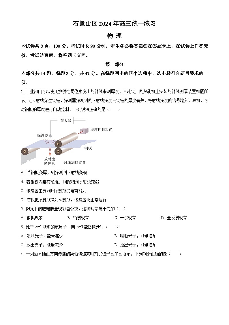 2024届北京市石景山区高三下学期一模物理试题（原卷版+解析版）01