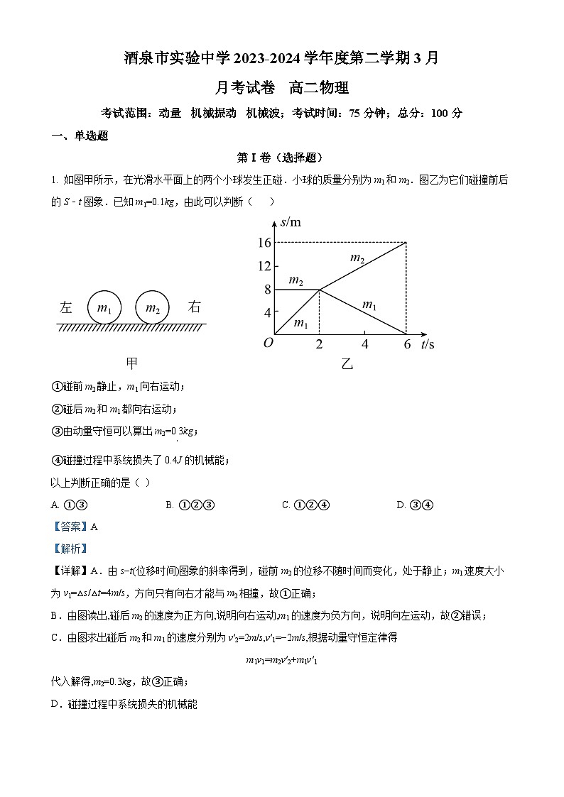 甘肃省酒泉市实验中学2023-2024学年高二下学期3月月考物理试卷（原卷版+解析版）01