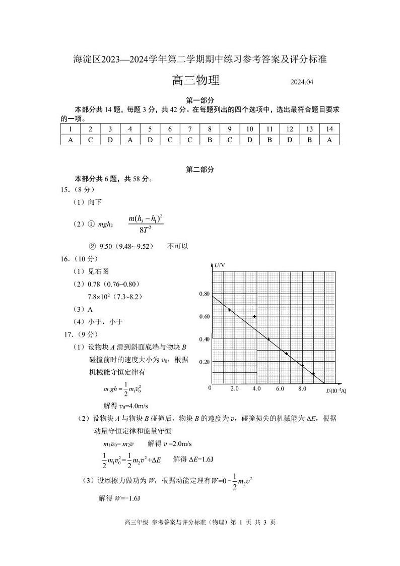 2024北京海淀区高三下学期一模试题物理含答案01