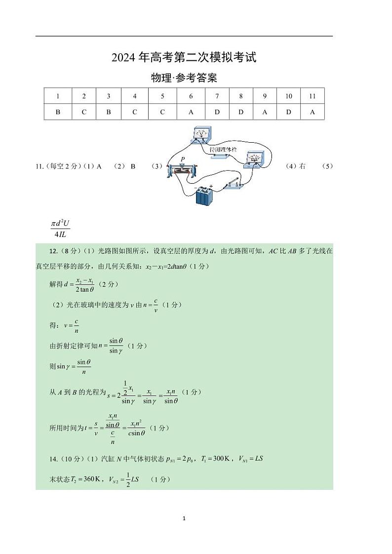 2024年高考第二次模拟考试：物理（江苏卷）参考答案第1页