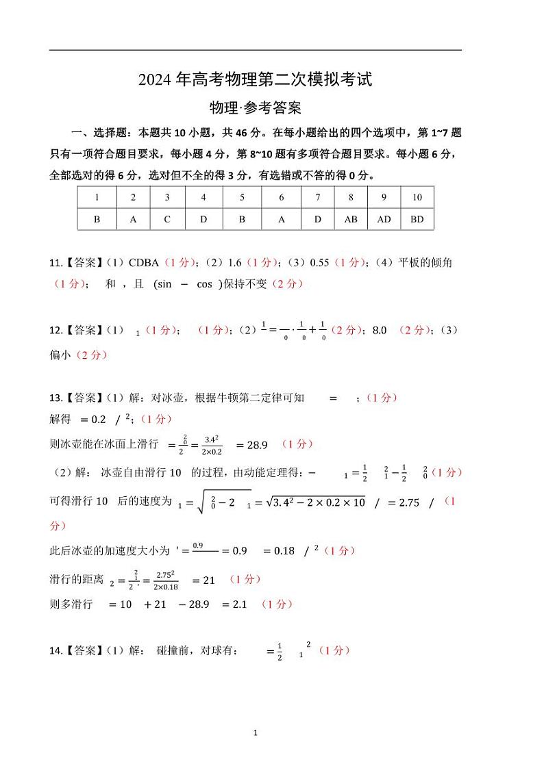 2024年高考第二次模拟考试：物理（辽宁卷）参考答案第1页
