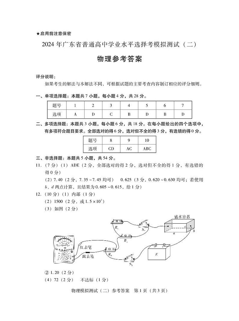 2024 年广东省普通高中学业水平选择考模拟测试（二）物理试卷（附参考答案）01
