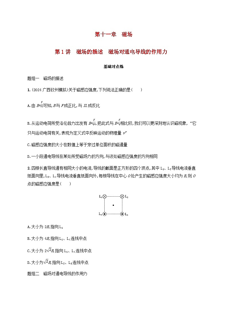 2025届高考物理一轮复习第11章磁场第1讲磁场的描述磁场对通电导线的作用力练习含答案第1页