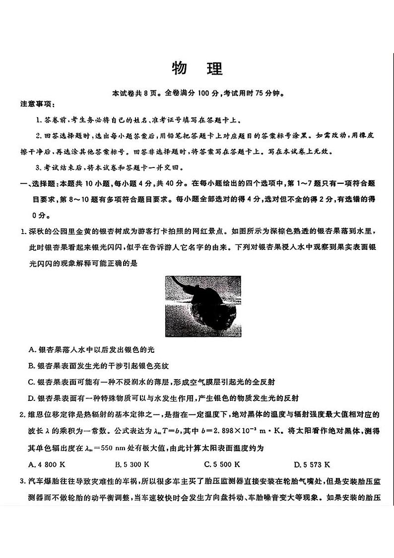2024届湖北省黄石市第二中学高三下学期三模考试物理试题第1页