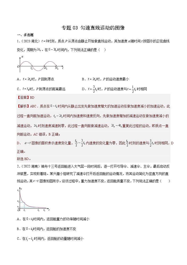 专题03 匀变速直线运动的图像- 十年（2014-2023）高考物理真题分项汇编（全国通用）01