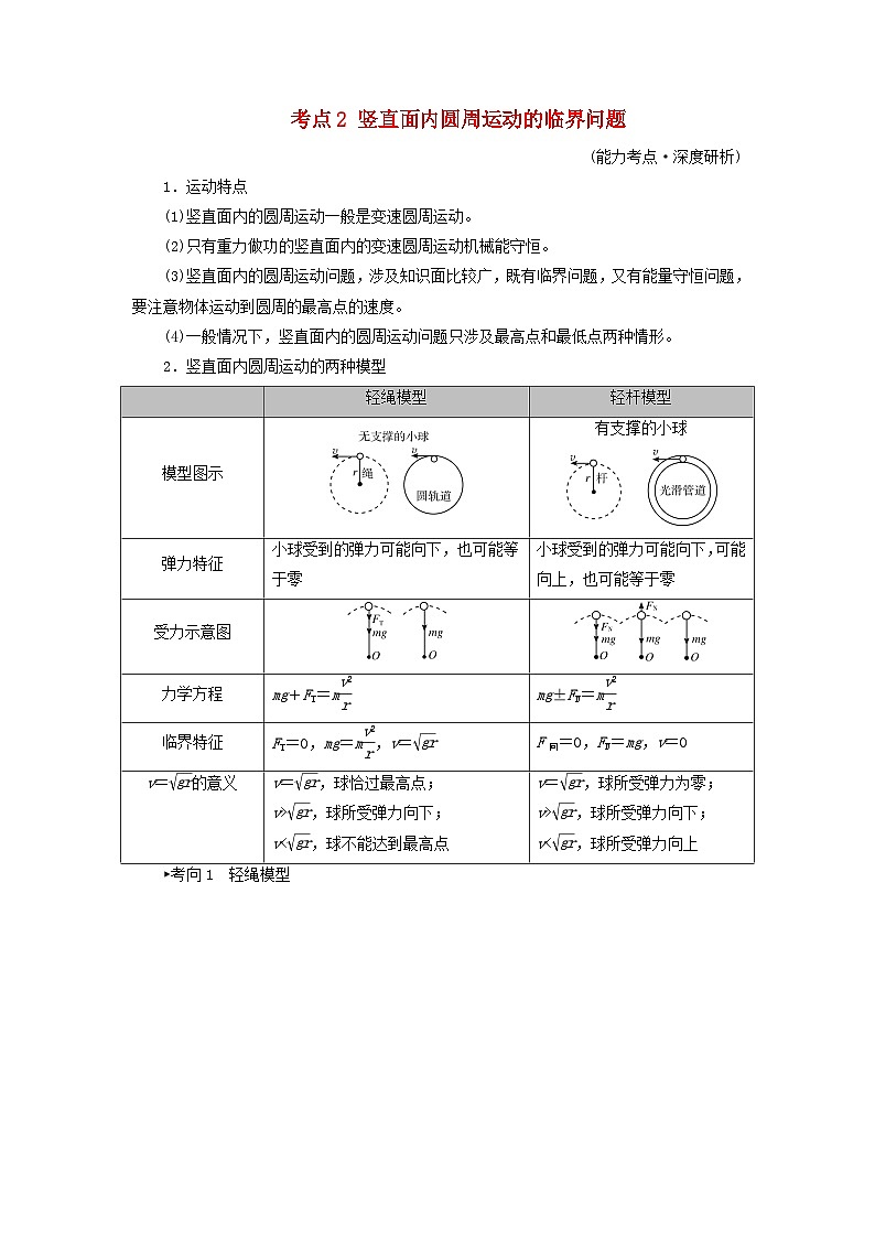 2025高考物理一轮考点突破训练第4章抛体运动与圆周运动专题强化5圆周运动的临界问题考点2竖直面内圆周运动的临界问题01