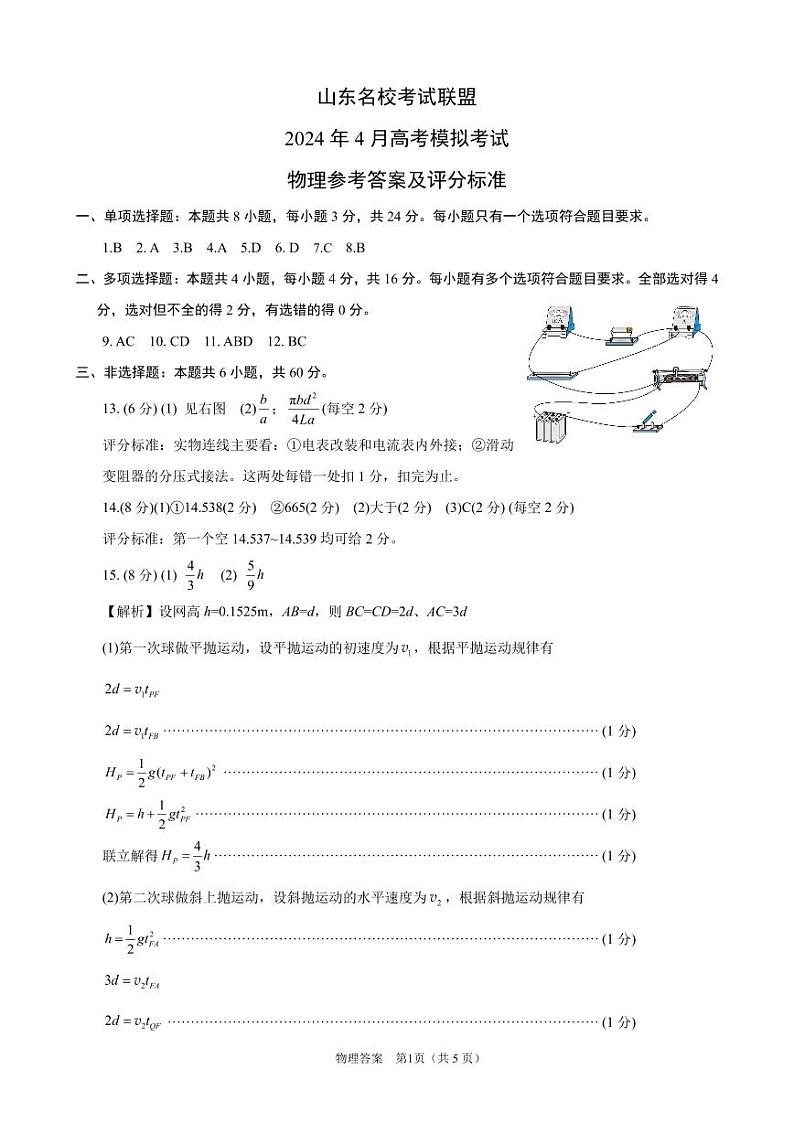 2024届山东济南高三二模物理试题+答案01