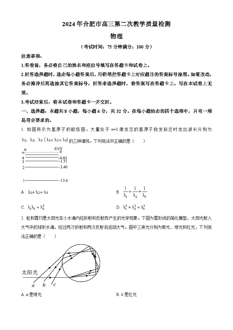2024届安徽省合肥市高三下学期二模物理试题（原卷版+解析版）01