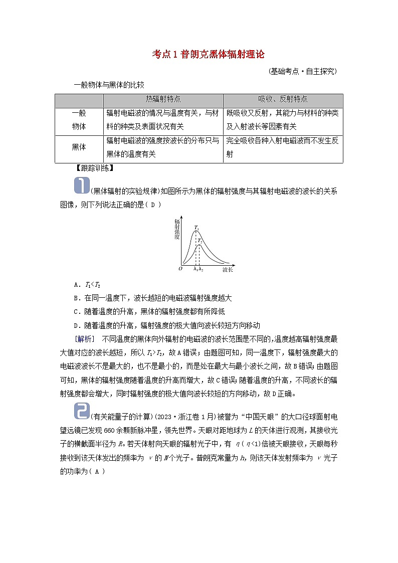 2025版高考物理一轮总复习考点突破训练题第16章原子结构和波粒二象性原子核第39讲光电效应波粒二象性考点1普朗克黑体辐射理论01