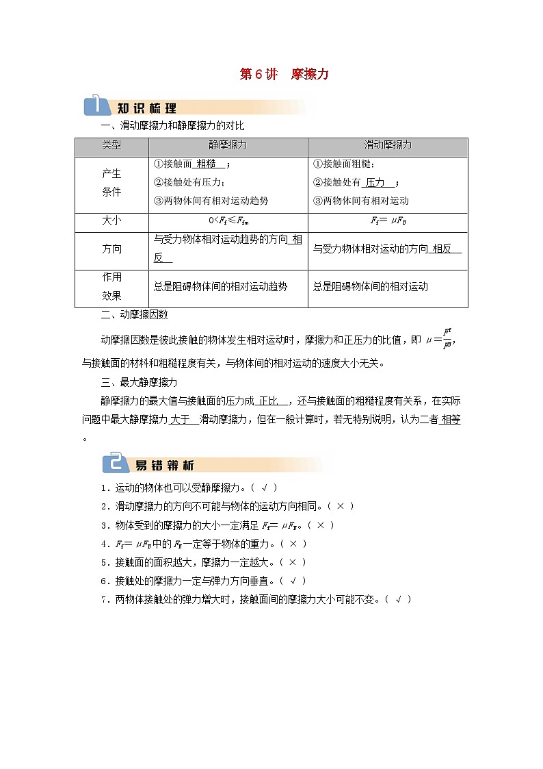 2025版高考物理一轮总复习知识梳理&易错辨析教案第2章相互作用第6讲摩擦力01