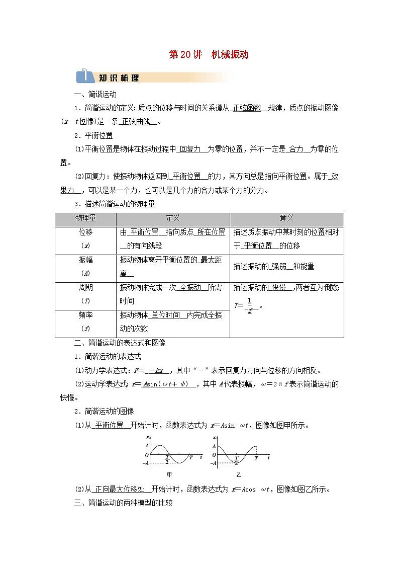 2025版高考物理一轮总复习知识梳理&易错辨析教案第8章机械振动机械波第20讲机械振动01