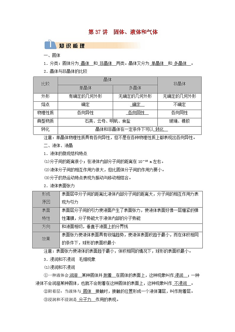 2025版高考物理一轮总复习知识梳理&易错辨析教案第15章热学第37讲固体液体和气体01