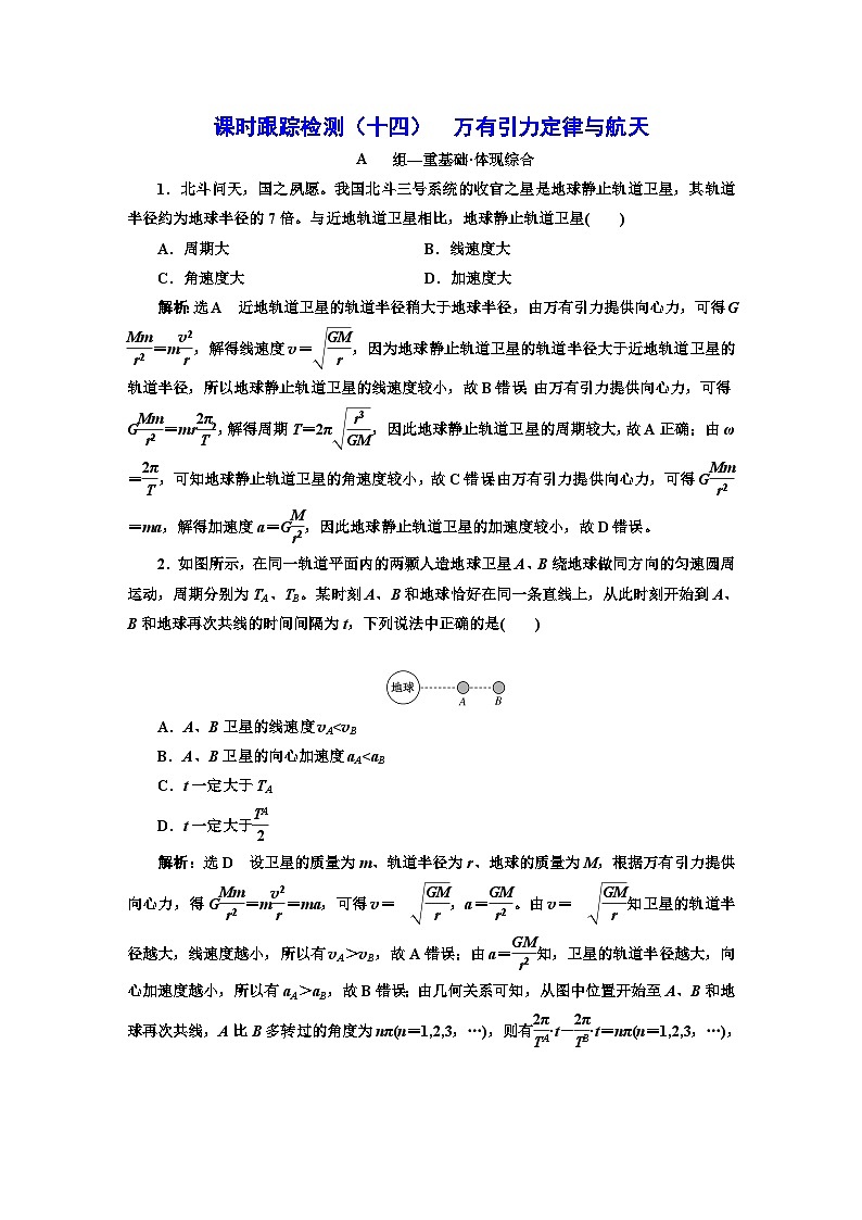 人教版高中物理必修第二册课时跟踪检测（十四）万有引力定律与航天含答案01