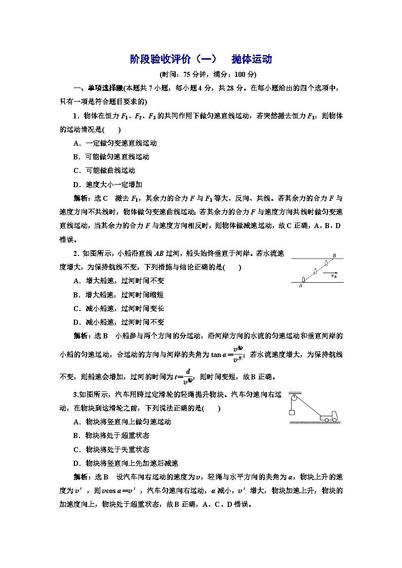 人教版高中物理必修第二册阶段验收检测（一）抛体运动含答案01