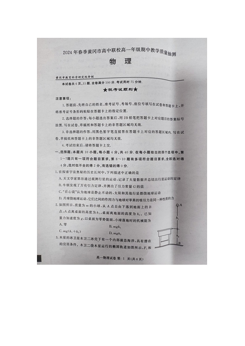 湖北省黄冈市高中联校2023-2024学年高一下学期期中教学质量抽测物理试卷01
