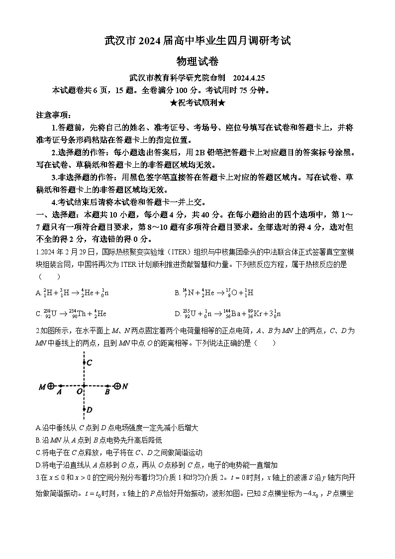 2024届湖北省武汉市高三下学期4月调研（二模）物理试题 Word版第1页