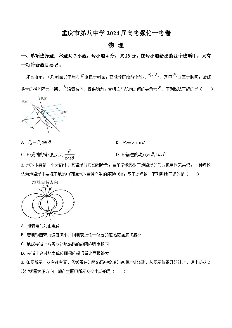 重庆市第八中学2024届高三下学期强化训练（一）物理试题（Word版附解析）01