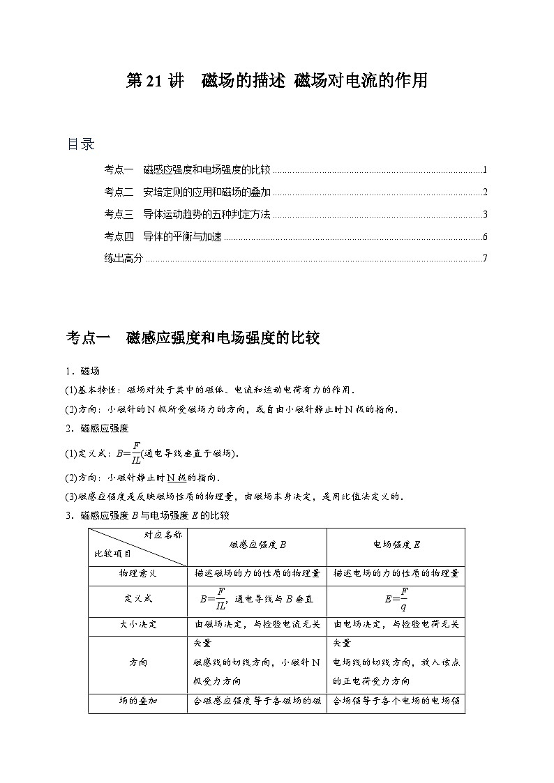 2024年高考物理一轮考点复习精讲精练(全国通用)第21讲　磁场的描述磁场对电流的作用(原卷版+解析)第1页