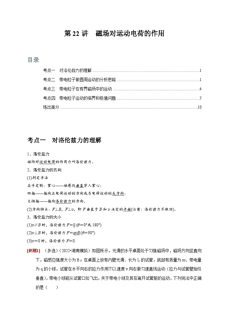 2024年高考物理一轮考点复习精讲精练(全国通用)第22讲　磁场对运动电荷的作用(原卷版+解析)01