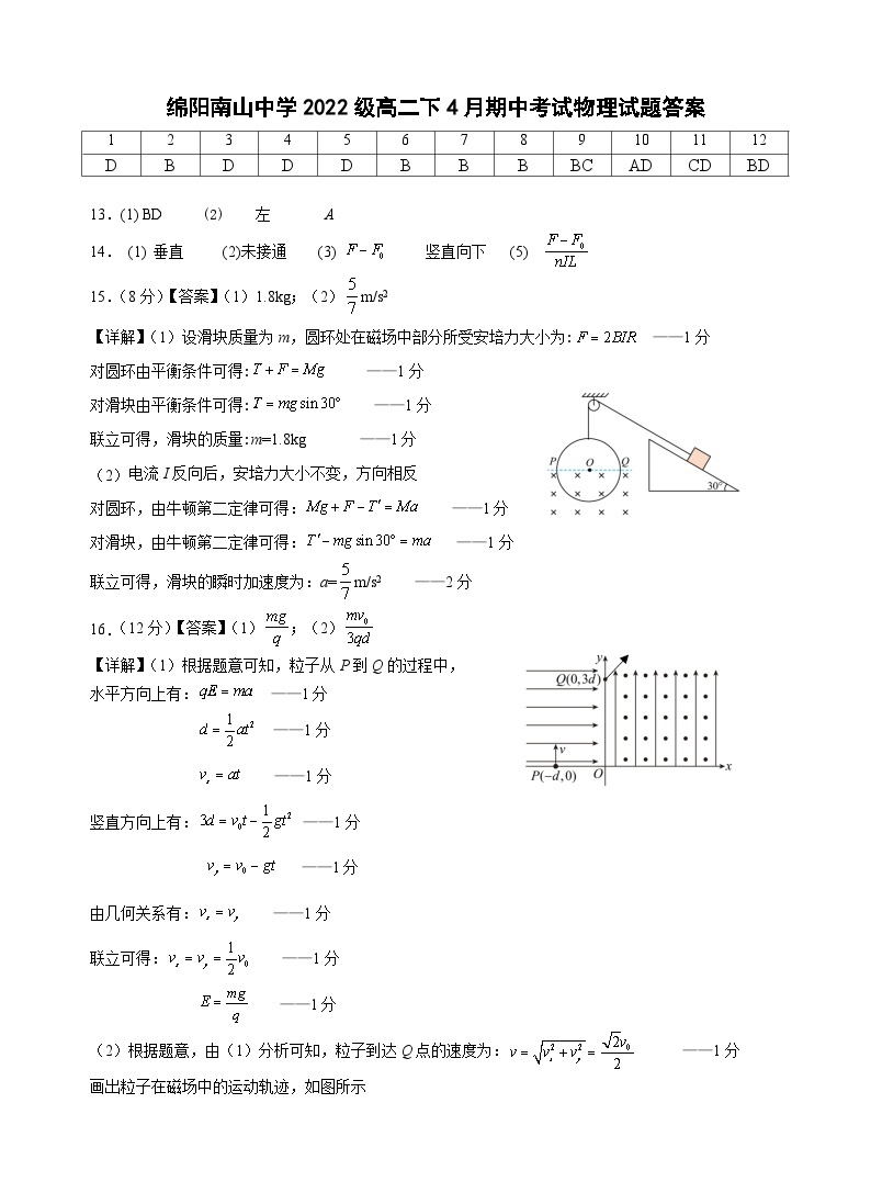 四川省绵阳南山中学2023-2024学年高二下学期期中考试物理试卷01