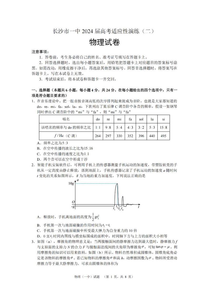 2024届湖南省长沙市第一中学高考适应性演练(二）物理试题01