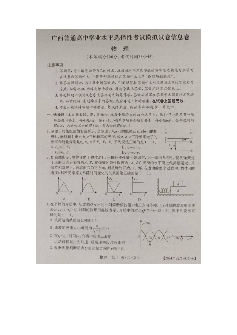 2004届广西普通高中学业水平选择性考试模拟考试物理试卷01