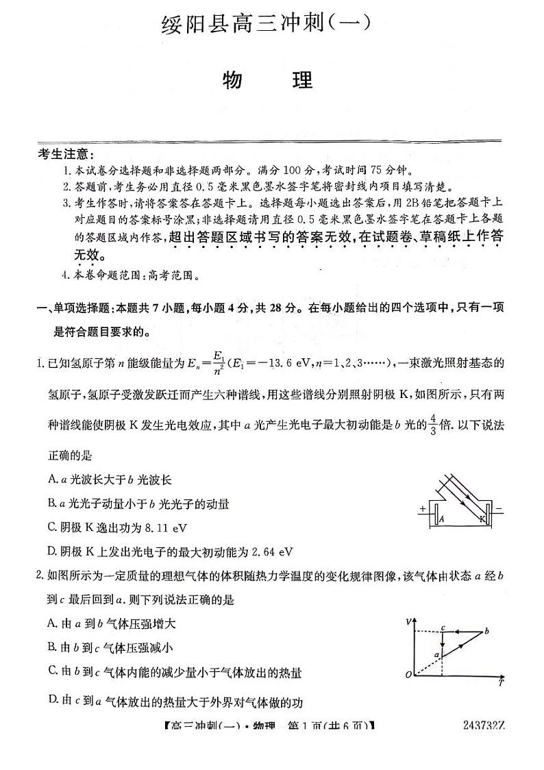 2024届贵州省遵义市绥阳县县级联考高三下学期冲刺卷（一）物理试题01