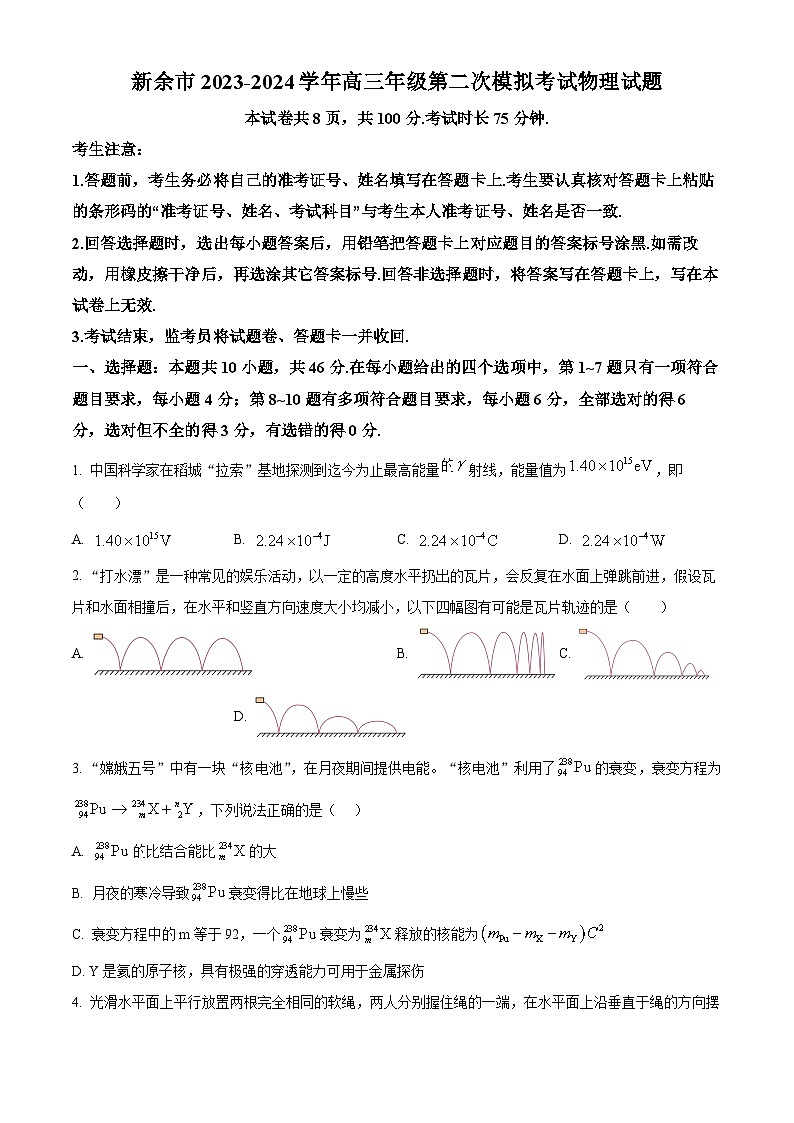 2024届江西省新余市高三下学期第二次模拟考试物理试题（原卷版+解析版）01